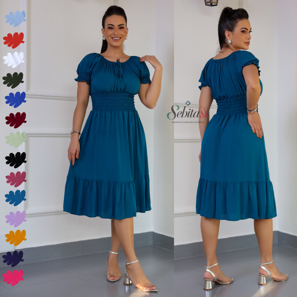 Vestido Feminino Mídi Evangélica Liso Elegante com Elástico Cintura Alta Tem Forro em Oferta na Shopee