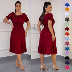 Vestido Midi Feminino Viscolinho Acinturado com Elástico Elegante Casual Verão