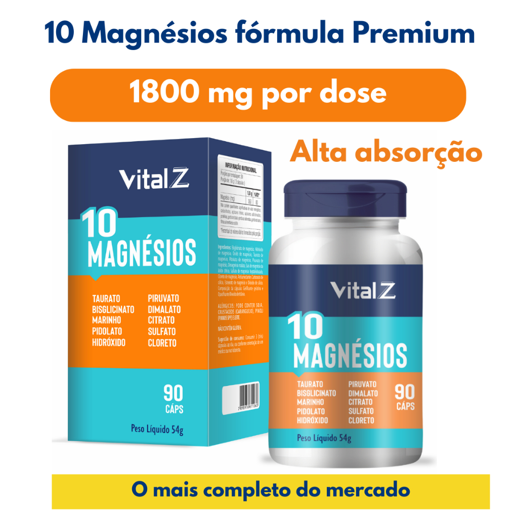10 magnésios 10 em 1 - Vital Z - 90 Cápsulas - 1800mg por dose o mais completo.