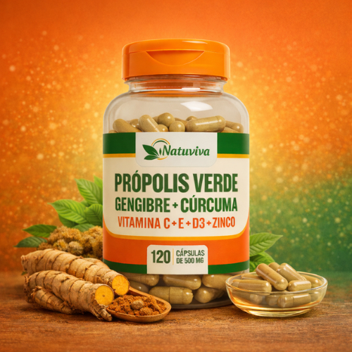 Própolis Verde + Gengibre + Cúrcuma + Vitamina C E D3 Zinco Imunidade/antiviral - 500mg 120 cápsulas