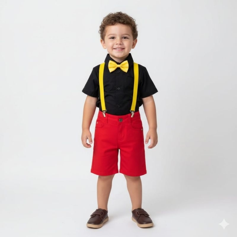 Conjunto Mickey Liso com Bermuda Camisa Suspensório e Gravata