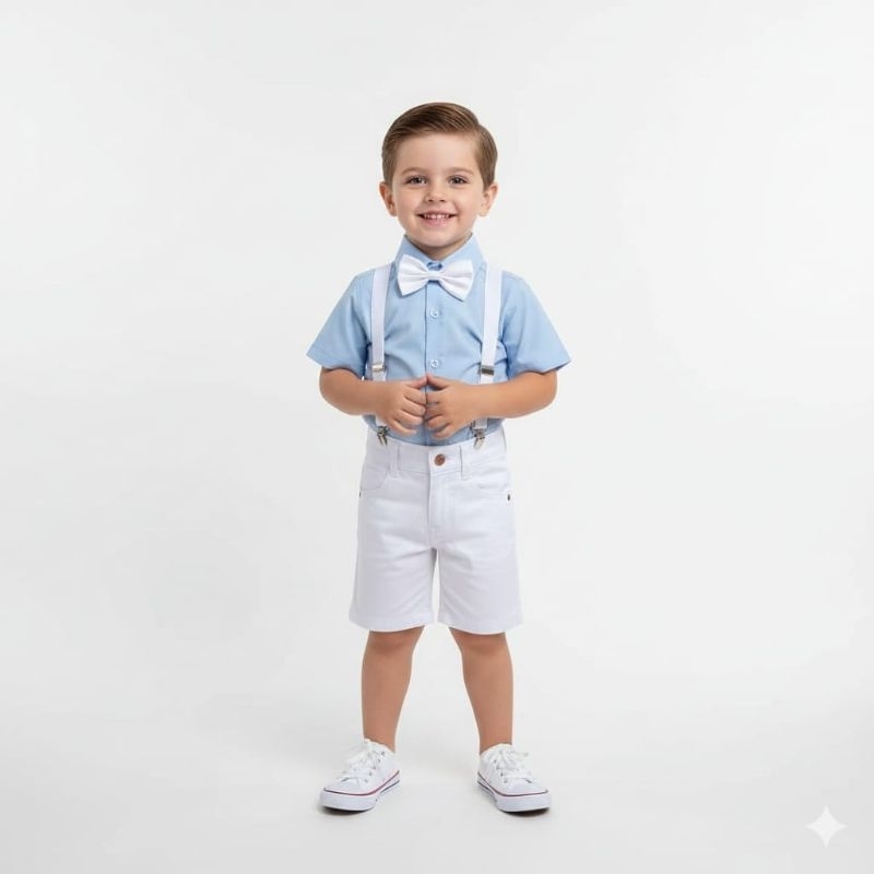 Conjunto Social Infantil Azul Bebê Contendo - Camisa, Bermuda, Suspensório+Gravata - Casamento, Festa, Evento