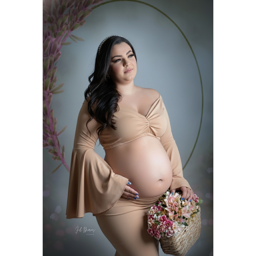 Vestido para ensaio de grávida manga boca sino em Oferta na Shopee