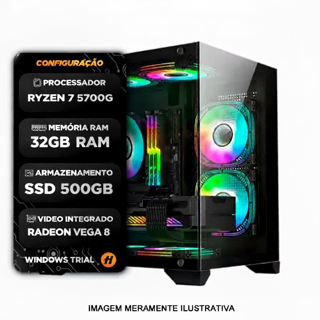 PC Gamer Hertz Ryzen 7 5700G 32GB RAM SSD 500GB Radeon V8 Fonte 500W Gabinete Aq