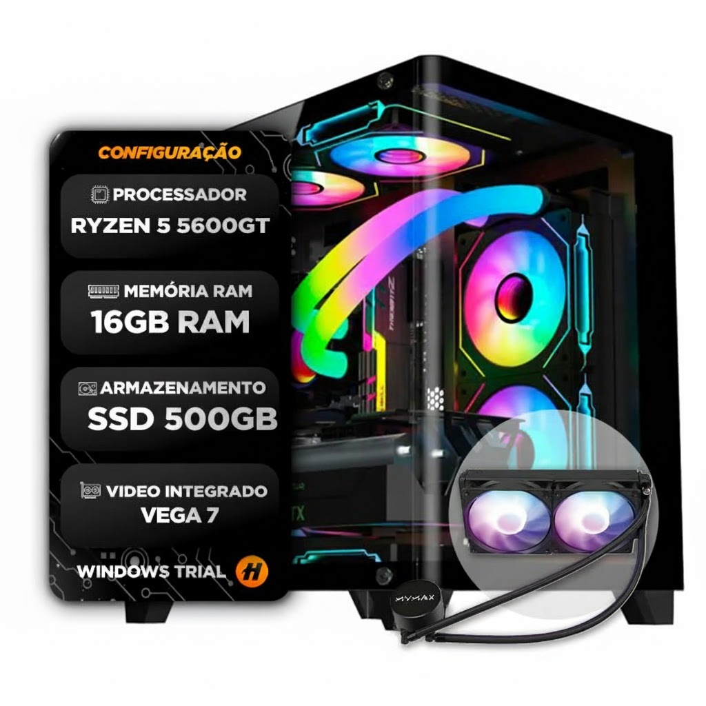 Pc Gamer Ryzen 5 5600GT, 16GB, SSD 500GB, Water Cooler 240MM, Gabinete 3 Fans RG