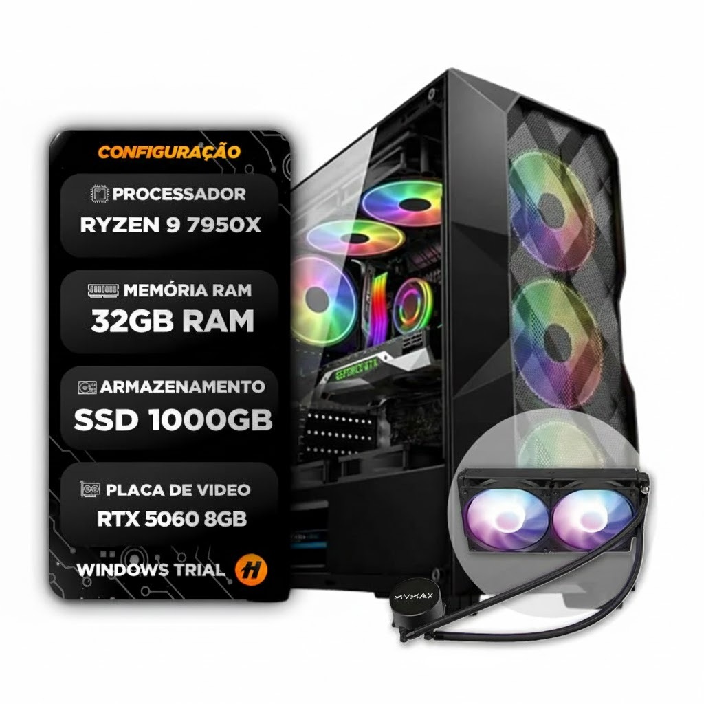 PC GAMER RYZEN 9 7950X, 32GB DDR5, RTX 5060 8GB, SSD 1TB, 700W 80PLUS, WATER COOLER 240MM