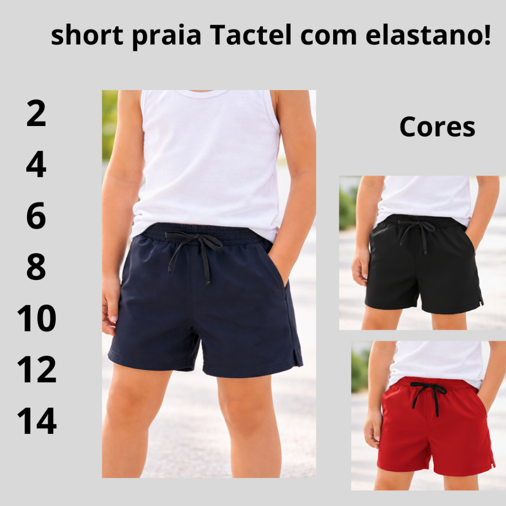 Short praia tactel com elastano menino piscina parque masculino infantil juvenil leve mauricinho curto