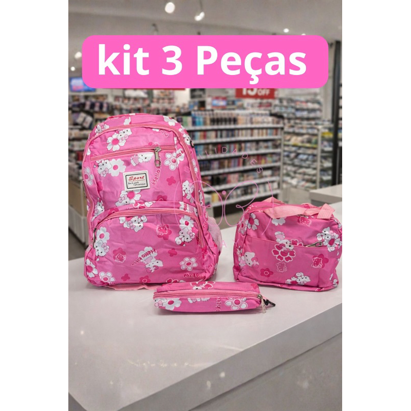 Kit Mochila Escolar Lancheira e Estojo Personalizada Hello Kitty Grande Impermeável Alça Larga em Oferta na Shopee