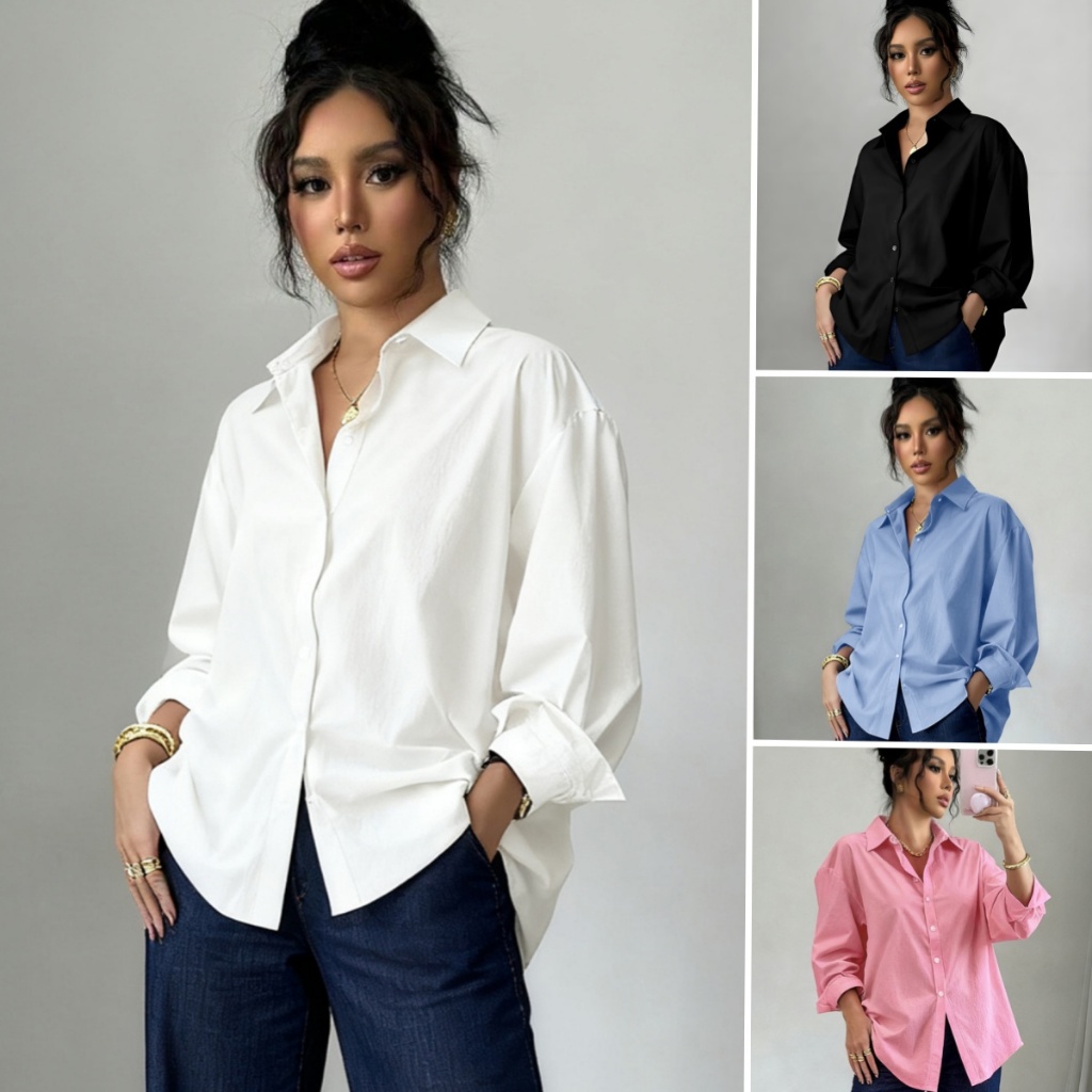 Camisa Preta Casual de Manga Longa Monofilada e Sólida para o Dia Botões das Mulheres em Oferta na Shopee