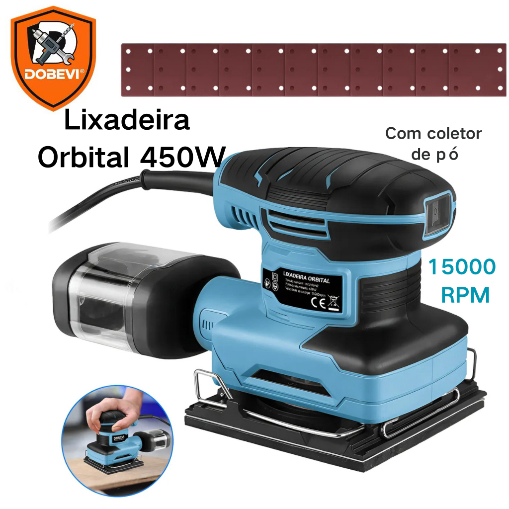 Lixadeira Orbital 450W 15000RPM Profissional – Madeira e Metal – MDF e Plywood Portátil + 10 Lixas Dobevi