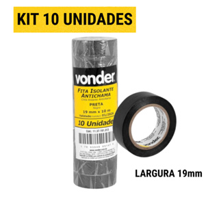 Kit 10 Fita Isolante Vonder 19mm x 10m Preta Antichama - Fita Adesiva PVC Uso Geral Elétrica em Oferta na Shopee
