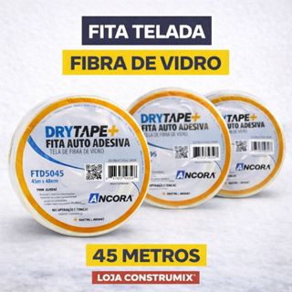 Fita Telada Fibra de Vidro Âncora Drytape+ 45m | Autoadesiva para Trincas, Drywall, Gesso | 1, 2 ou 3 Unidades em Oferta na Shopee