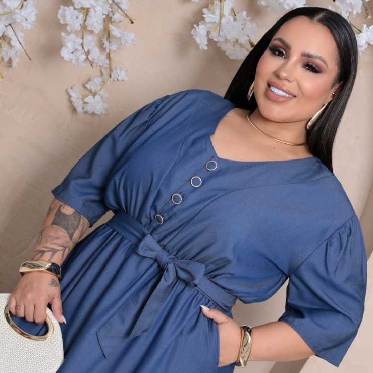 Vestido JULIETE LONGETE CHAMBRAY/TENCEL Casual Chique Com Faixa Na Cintura Plus Size a Tamanho G1 Do 44 ao 50 Liso