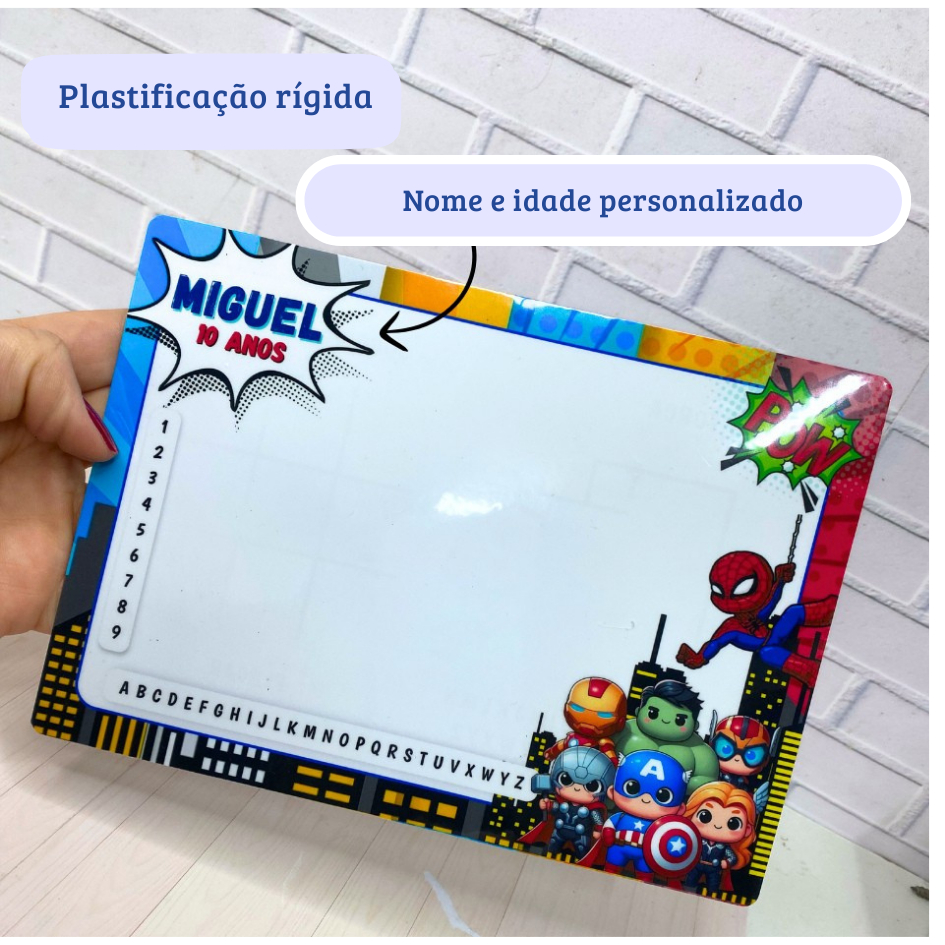 Lousa Infantil Personalizada Heróis | Lembrancinha de Festa com Caneta Apagável em Oferta na Shopee