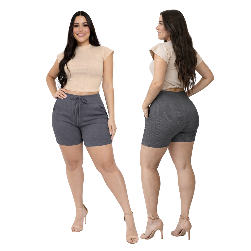 Short Feminino Cintura alta com elastano Bermuda canelada em Oferta na Shopee
