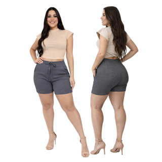 Short Feminino Cintura alta com elastano Bermuda canelada em Oferta na Shopee
