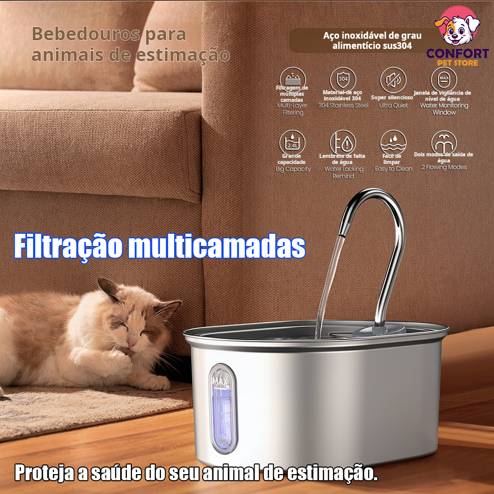 Fonte de água para animais de estimação em aço inoxidável, com filtragem multicamadas, ideal para cães e gatos