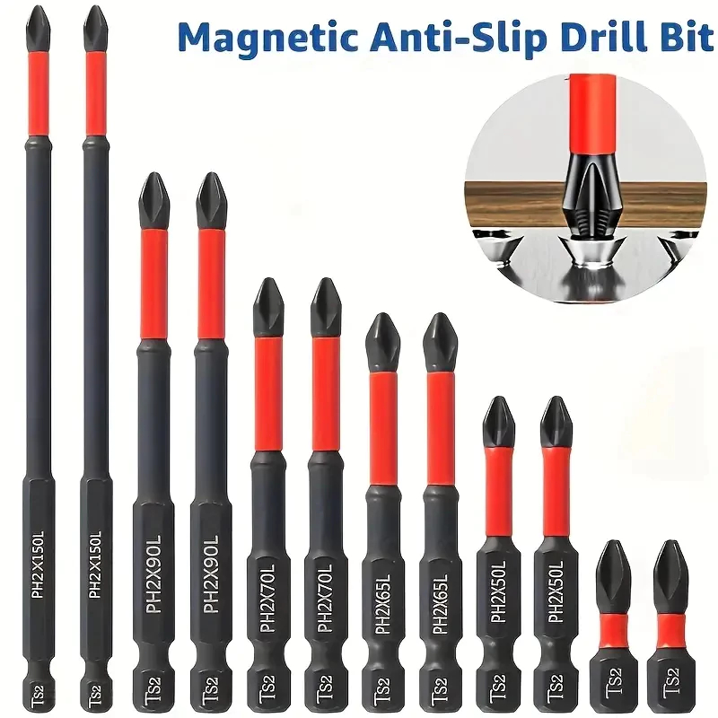 Jogo 12 Ponteiras Philips Magnéticos PH2 de Impacto Anti Derrapante Parafusadeira Bits Cruzado
