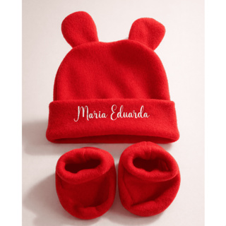 Kit Touca De Orelhinha E Pantufa Personalizado Com Nome Soft Quentinho Para Bebê 0-6 Meses Antialérgico em Oferta na Shopee