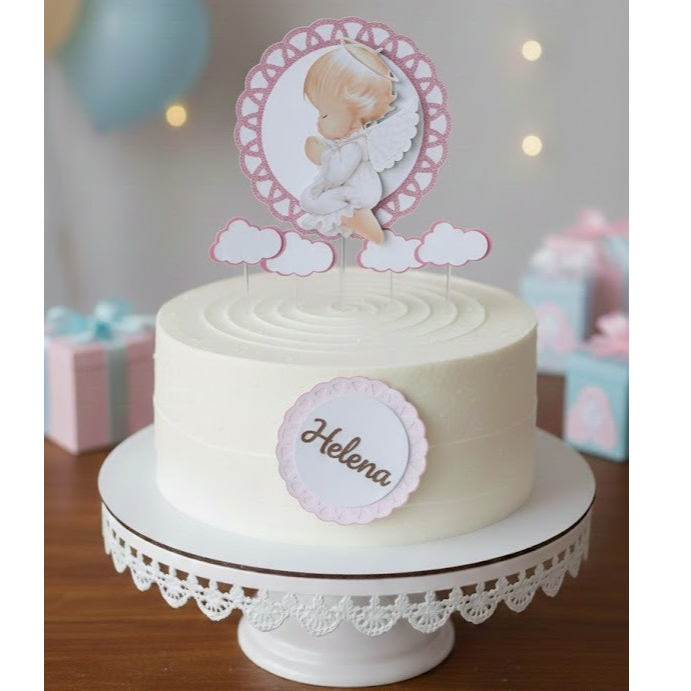 Topo de Bolo Batizado Anjinho Rosa e Azul Personalizado com Nome - Topper de Bolo Luxo Menina Helena