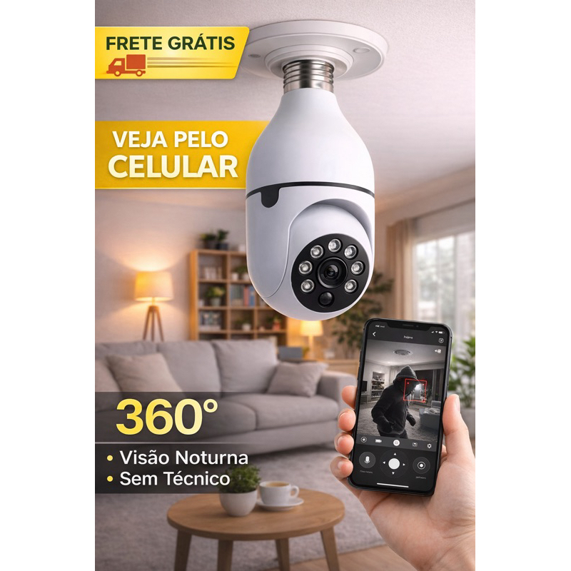 Câmera 360° Lâmpada Wi-Fi HD • IP Segurança • Visão Noturna • Movimento em Oferta na Shopee