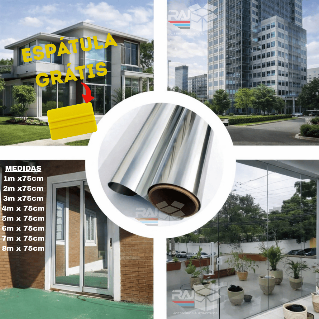 Película Tipo Insulfilm Prata Espelhada, Refletiva, G5, Poliéster profissional, 75cm de largura