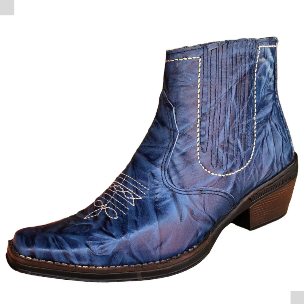 Bota Country Cor Azul Masculina em Couro Legitimo Solado Borrach Salto alto Carrapeta Bico fino 3331