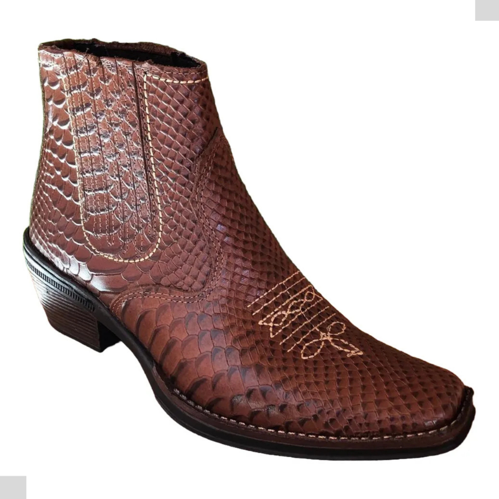 Bota Country Texana Masculina Couro de Boi Desenho Anaconda Bordada Solado Borracha Costurado 3331