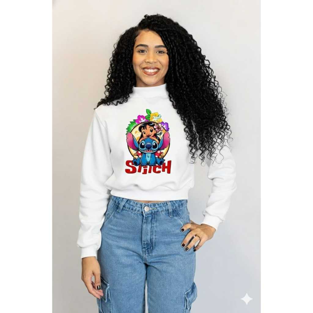 Cropped Estampa Lilo e Stitch Blusa Feminina de Frio Moletom Gola Alta Casual Manga Longa
