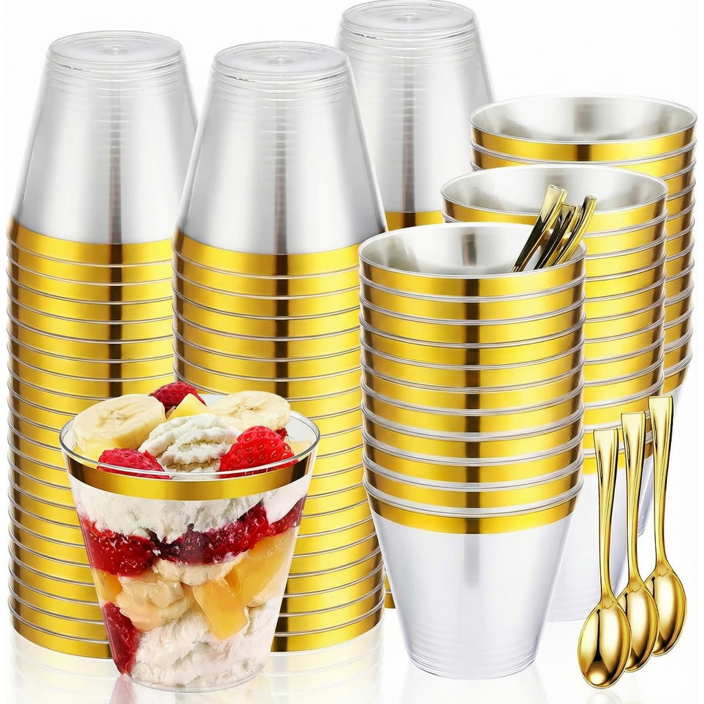 50 copos de sobremesa de plástico dourados de 270 ml e 50 mini colheres de sobremesa douradas, ideais para festas
