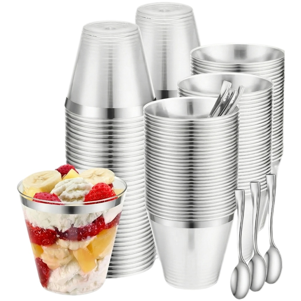 50 copos de sobremesa de plástico prateados de 270 ml e 50 mini colheres de sobremesa prata, ideais para festas