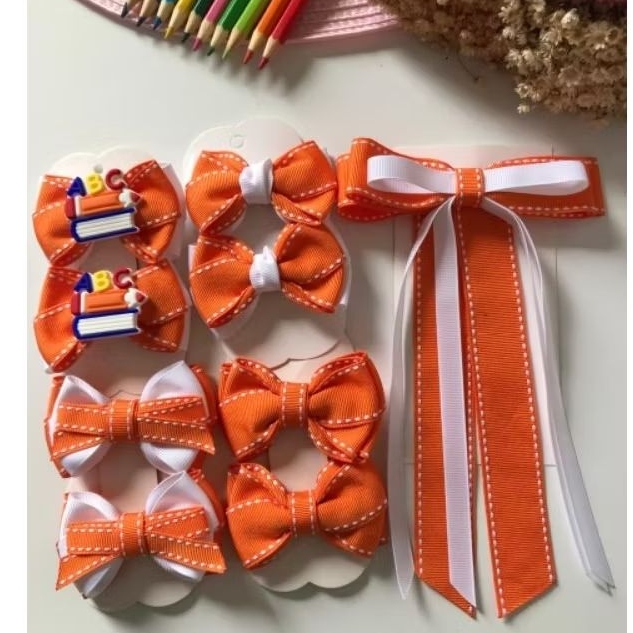 kit de laço de cabelo infantil Escolar Laranja e Branco Volta às aulas em Oferta na Shopee