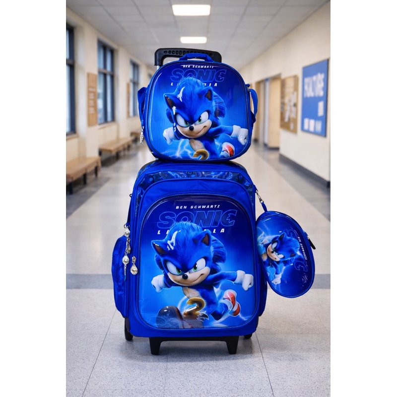 Kit 3D mochila escolarsonic azul com Rodinhas, lancheira térmica e estojo. em Oferta na Shopee