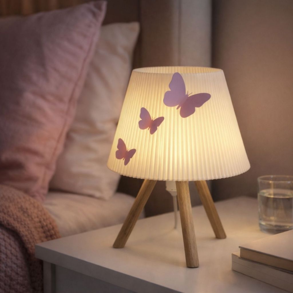 Abajur Decorativo Premium Design Moderno Luz Suave com Pés de Madeira Modelo com Borboletas