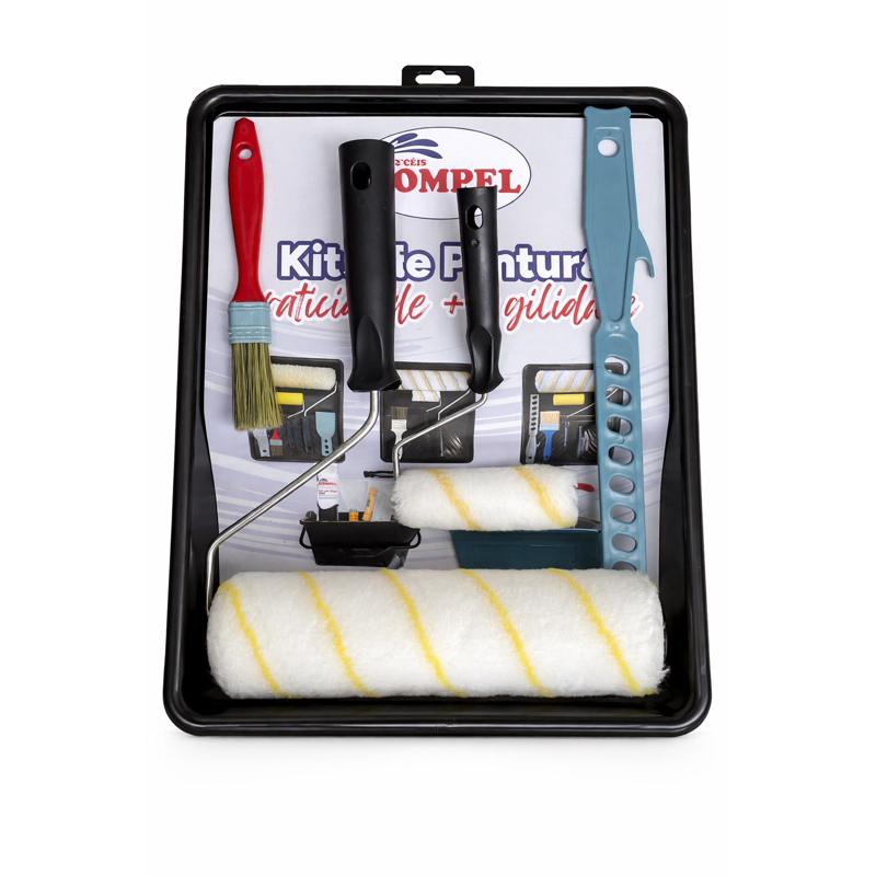 Kit Pintura Compel 6 Peças Sem Respingo | Rolo de Lã 23cm + 9 cm | Bandeja Grande + Suporte + Pincel + Mexedor em Oferta na Shopee