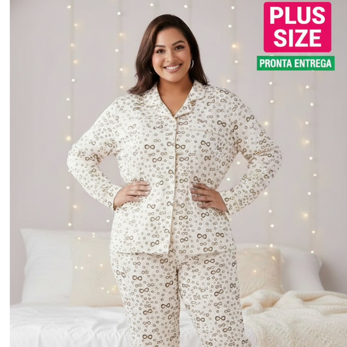 Pijama Feminino Plus Size Manga Longa Confortável Tamanho Grande em Oferta na Shopee