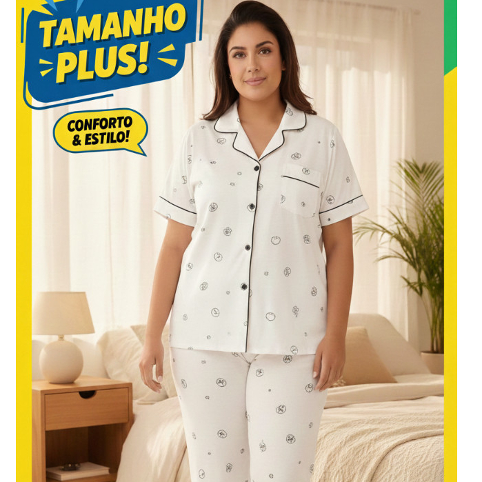 Pijama Feminino Plus Size Manga Curta com Calça Confortável em Oferta na Shopee