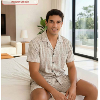Conjunto de pijama curto masculino, estampa luxuosa para o conforto do verão - Pijama casual premium em Oferta na Shopee