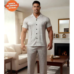Pijama Masculino Plus Size Manga Curta com Calça Solta