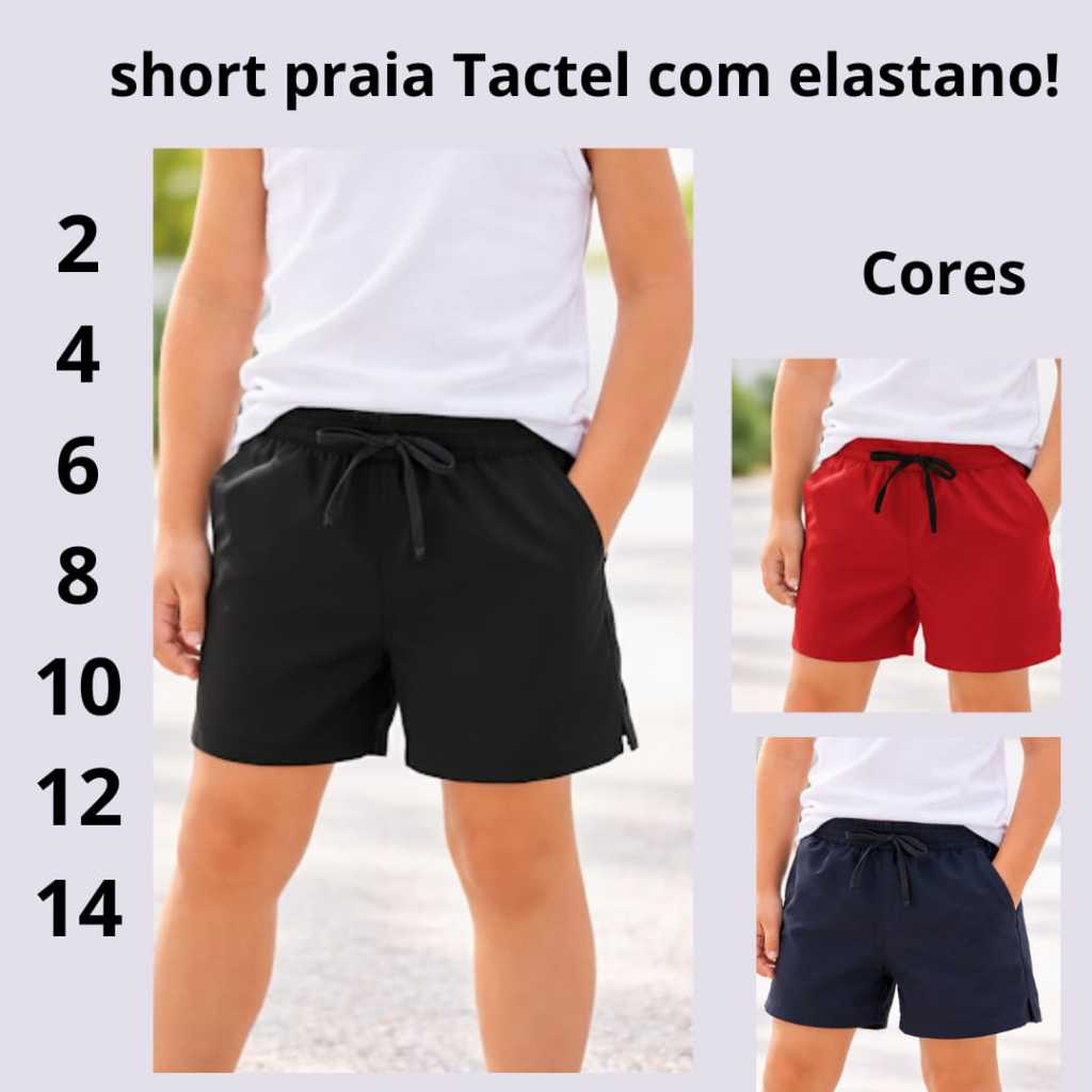 KIT 3 SHORTS INFANTIL JUVENIL TACTEL COM ELASTANO CALÇÃO DE BANHO BERMUDA DE ELÁSTICO