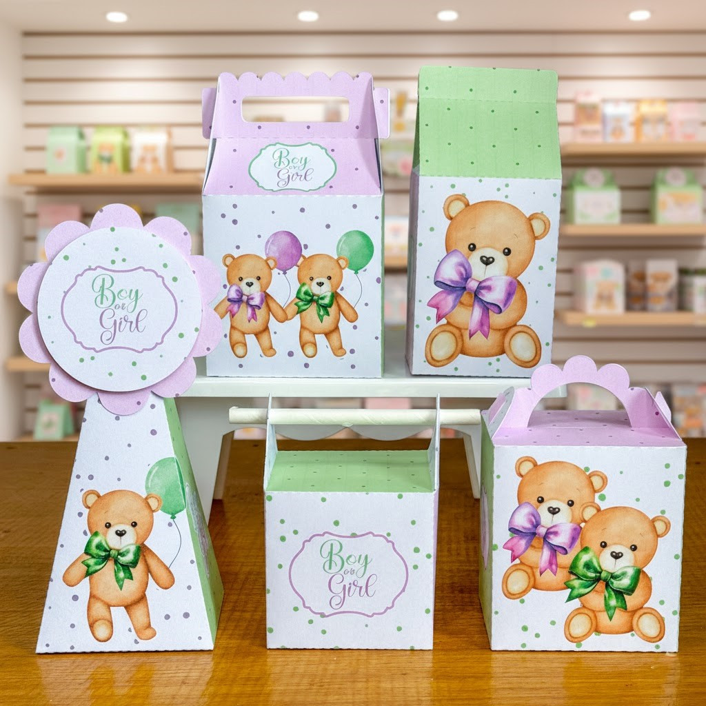 KIT FESTA Cha Revelaçao Personalizado, Ursinho Lilas e Verde, pegue e Monte, Lembrancinhas - Caixinhas Personalizadas