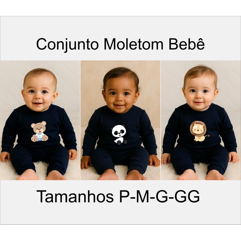 Conjunto Moletom Bebê / Infantil Agasalho Inverno Casaco e Calça Moletom Preto Tamanhos P-M-G-GG 100 % Algodão.