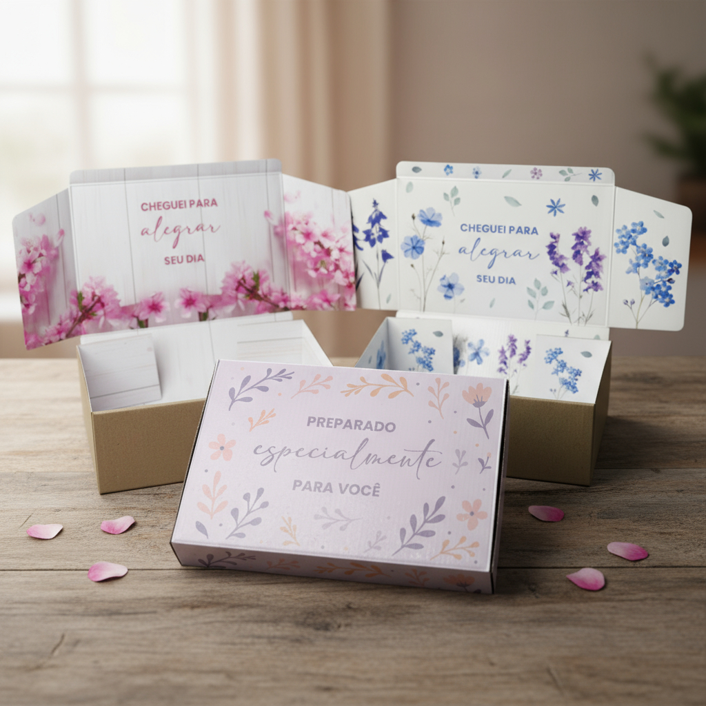 Kit Caixas de Papelão Floral 20x16x7cm Embalagem E-Commerce Sofisticada Envios Lojas Presente em Oferta na Shopee