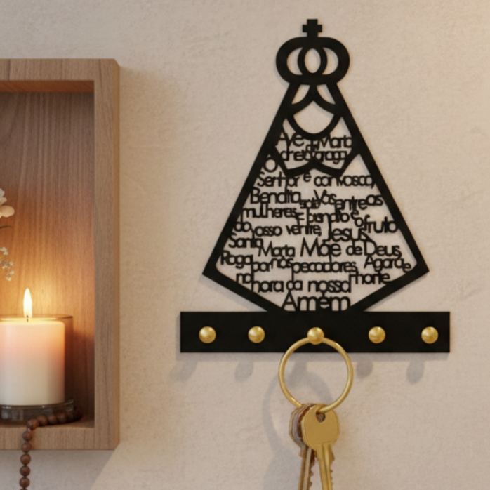 Porta Chaves Nossa Senhora Aparecida com Ave Maria  Devocional em MDF Preto Fosco 5 Ganchos Sem Furo em Oferta na Shopee