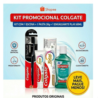 Kit Viagem Colgate: Pasta Total 30g + Escova Slim Soft Cor Sortida + Enxaguante Plax 60ml Higiene em Oferta na Shopee