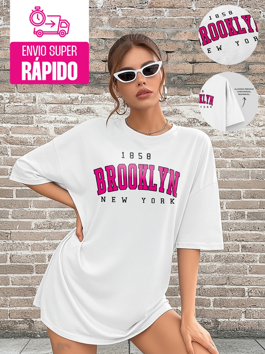 Camiseta para Academia Feminina Oversized Brooklyn Caimento Largo Manga 3/4 Streetwear Estilosa Casual Confortável