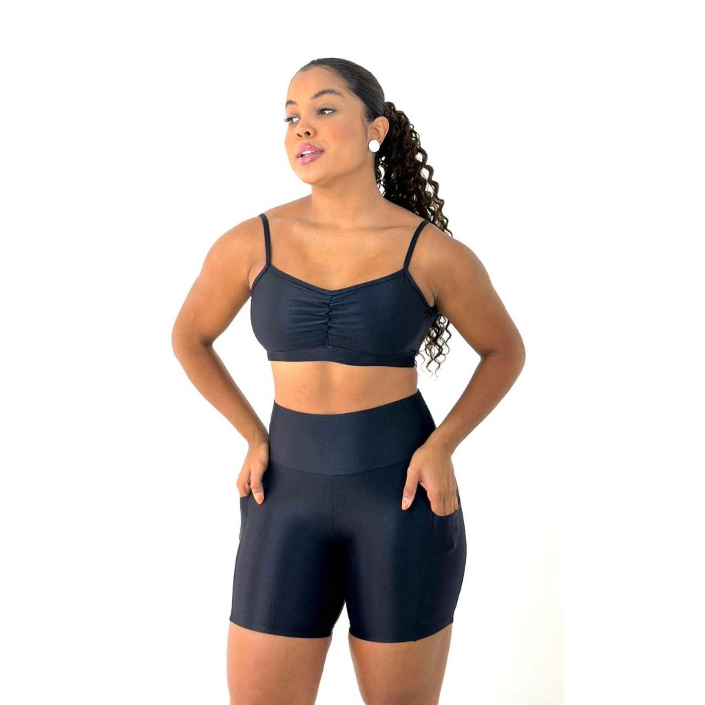 Conjunto Fitness academia shorts e top tecido canelado de compressao zero transparência top forrado com abertura bojo