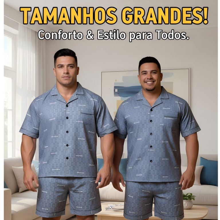 Conjunto de pijama curto masculino premium para o verão, com botões, estampa luxuosa e muito confortável.
