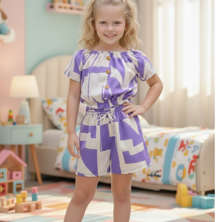 CONJUNTO SHORT BLUSA INFANTIL MENINA VERAO SHORT E BLUSA CIGANINHA ROXO CREME CONFORTÁVEL ELASTANO
