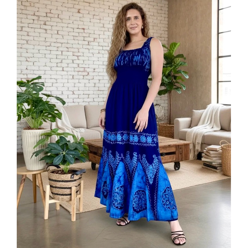 Vestido Longo Indiano Estampado Elegante Bordado Feminino Casual Estilo Boho Midi Batik Com Lastex